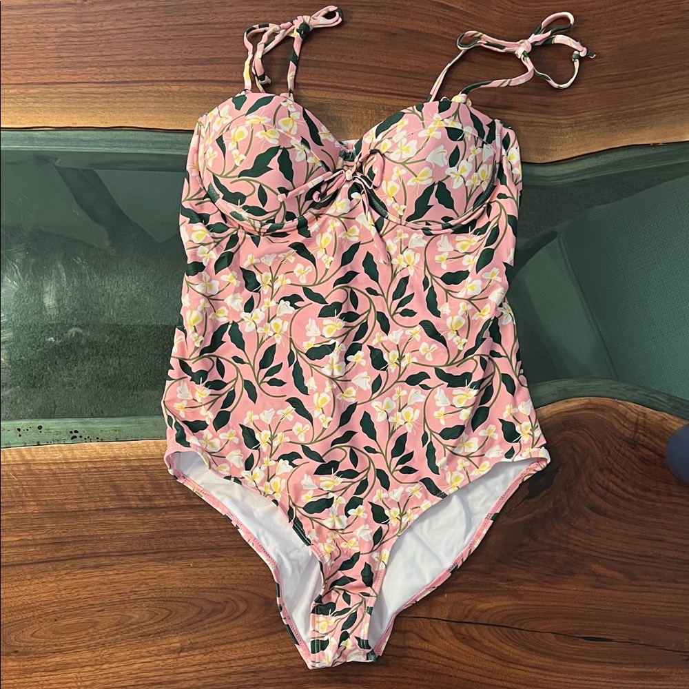 Pink Floral One-Piece Swimsuit with Adjustable Tie Straps